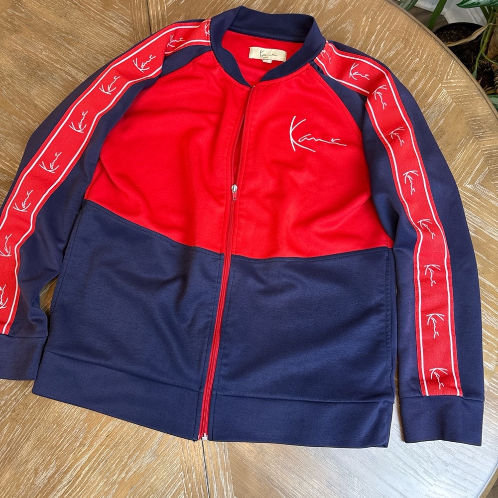 Vintage Karl Kani Red And Navy Track Jacket Bomber Zip Up Logo Spell Out